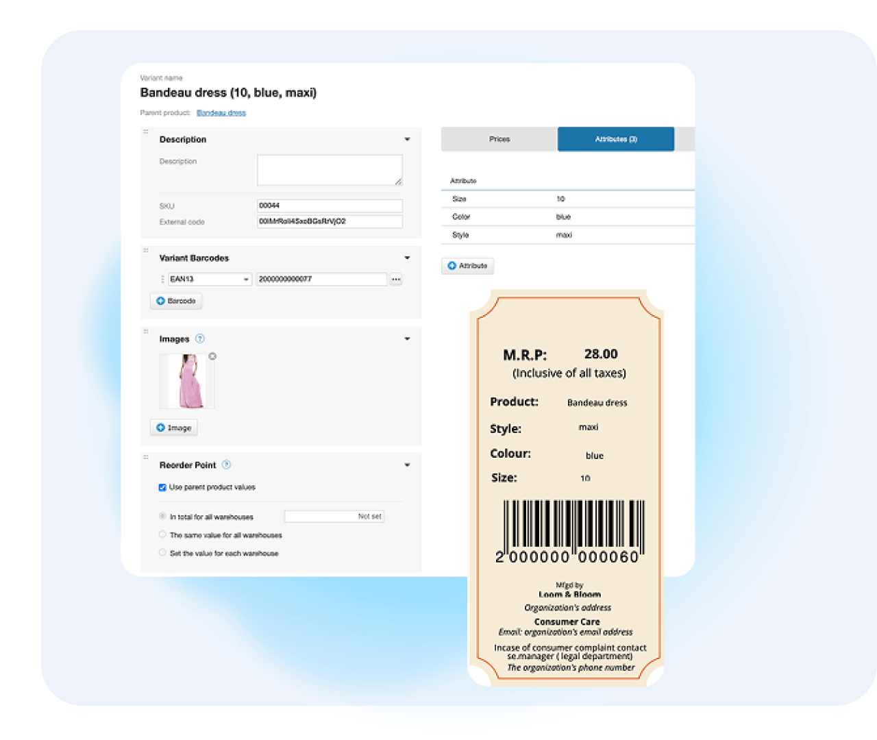 Product card in small business manufacturing ERP showing item variants, barcode, and stock details