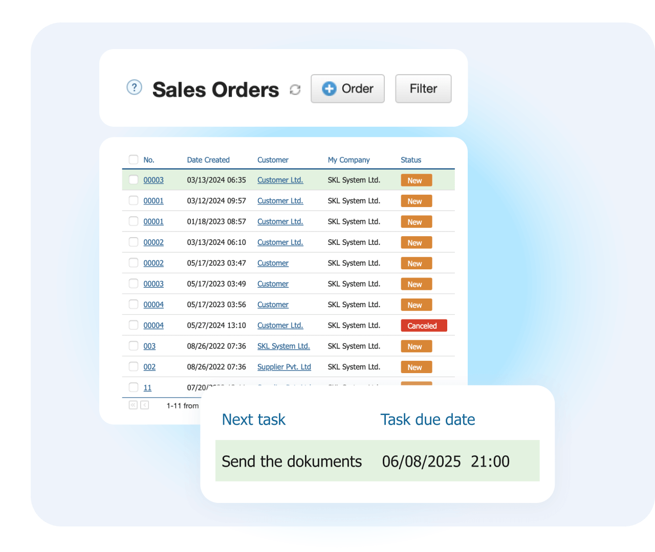 Sales order list in Kladana showing tasks with deadlines linked to corresponding orders