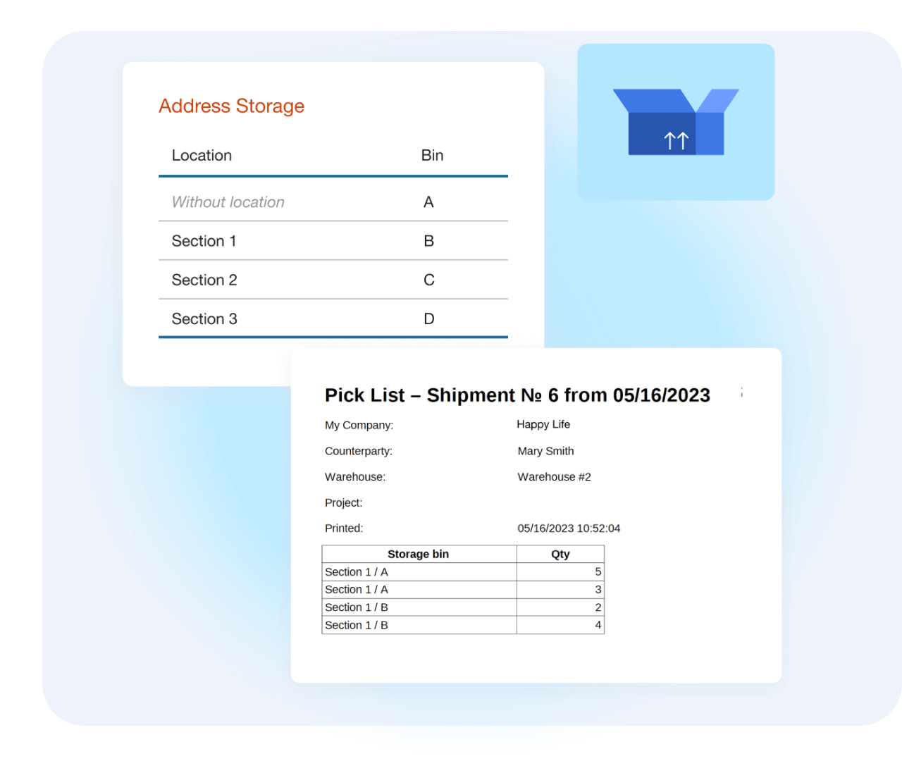 Bin storage for raw materials, WIP, and finished goods with warehouse and store location tracking