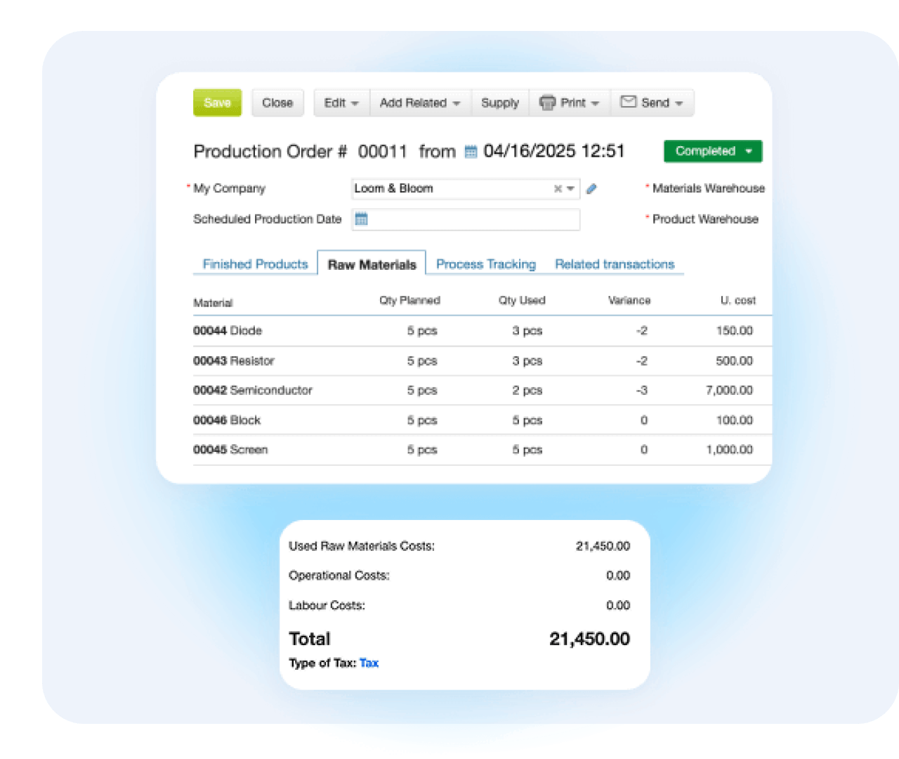 Control production orders, shop floor tasks, BOMs, costs, and quality checks in Kladana ERP